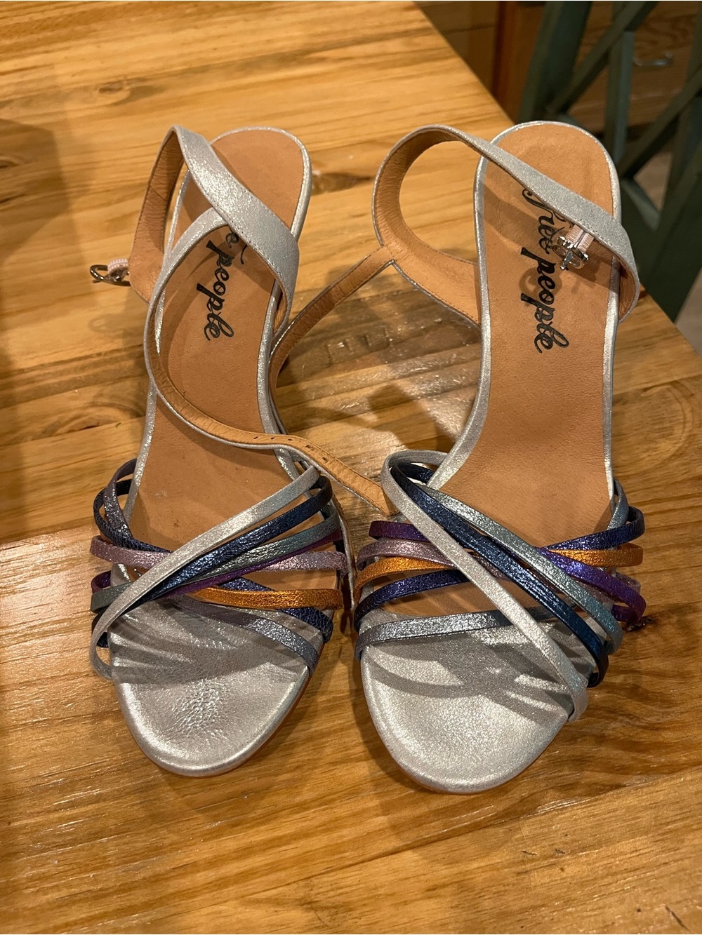 Metallic Silver Strappy Sandals with Multicolor Accents